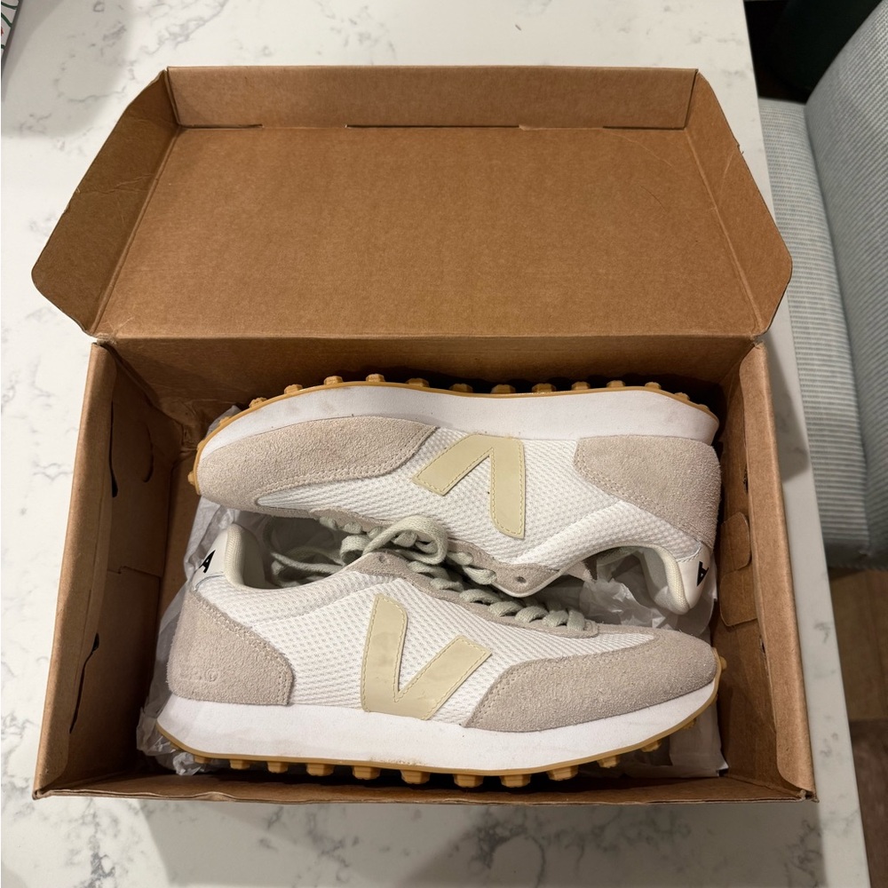 Veja White and Tan Sneakers